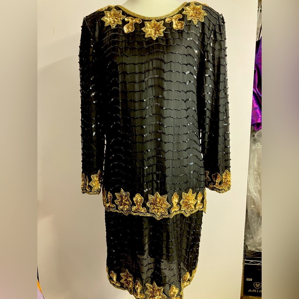 Cervelle Women’s Cocktail/Formal Dress, Large, Black/Gold, Pure Silk, Sequins